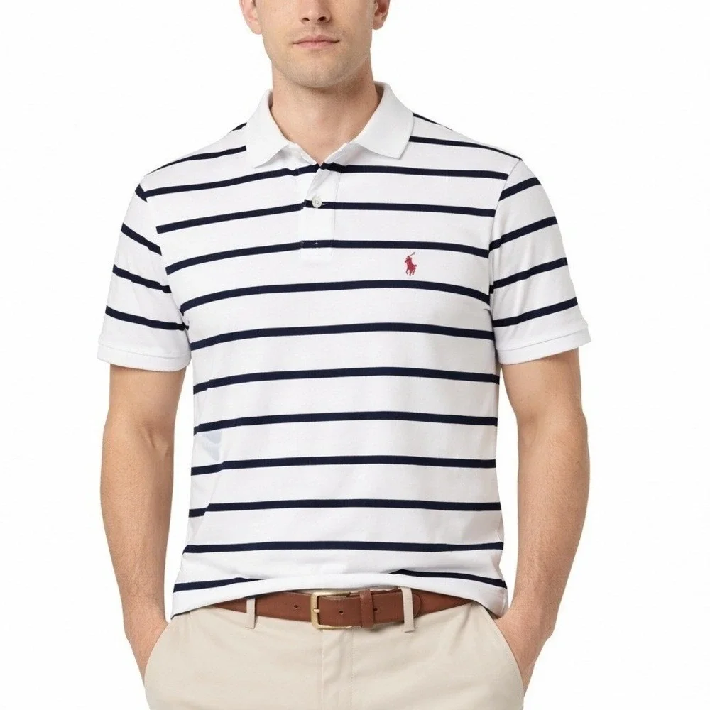 Polo Ralph Lauren Shirt Mens Small Petite Striped Short Sleeve Polo White Blue